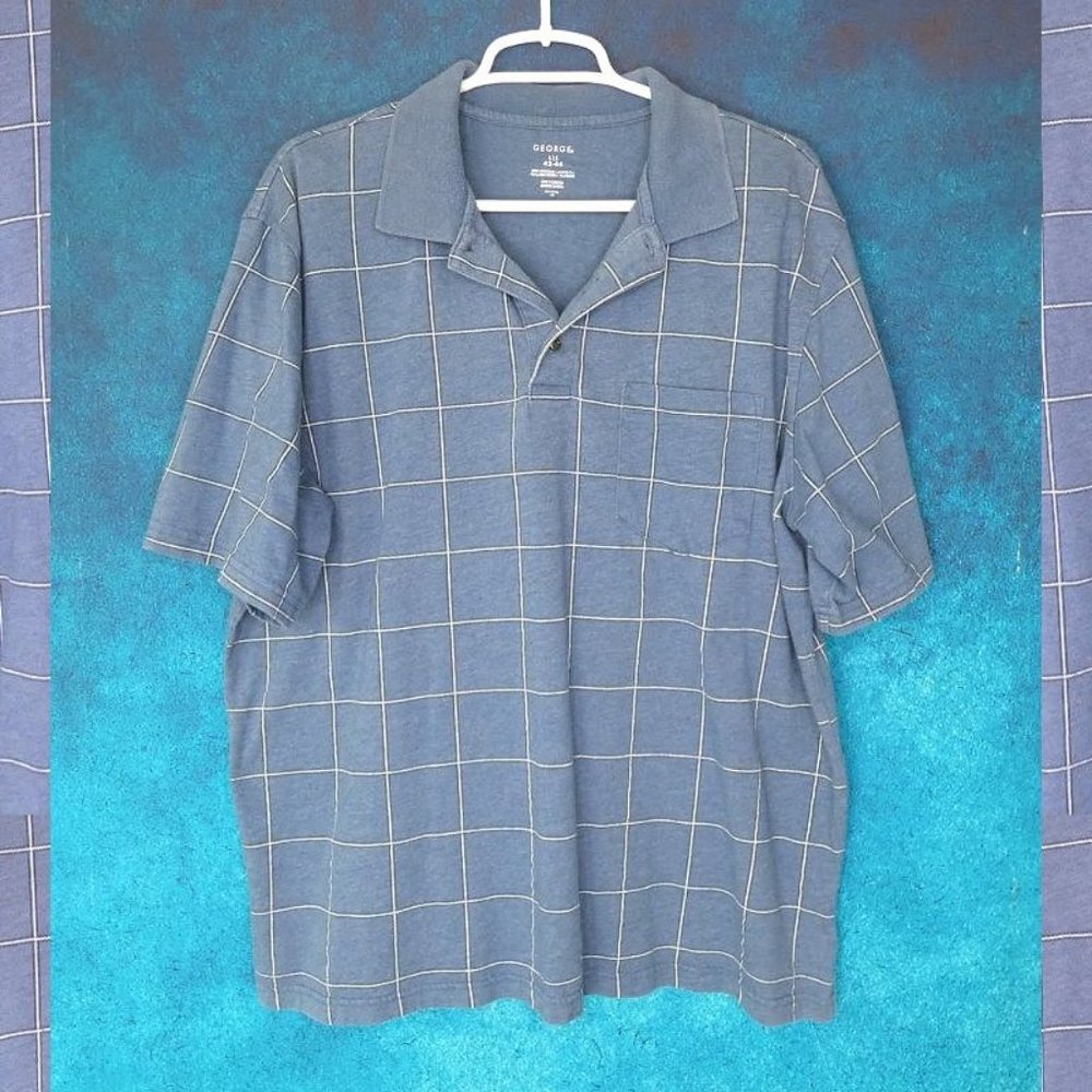 George Men's Blue Plaid Golf Polo Shirt Size Large